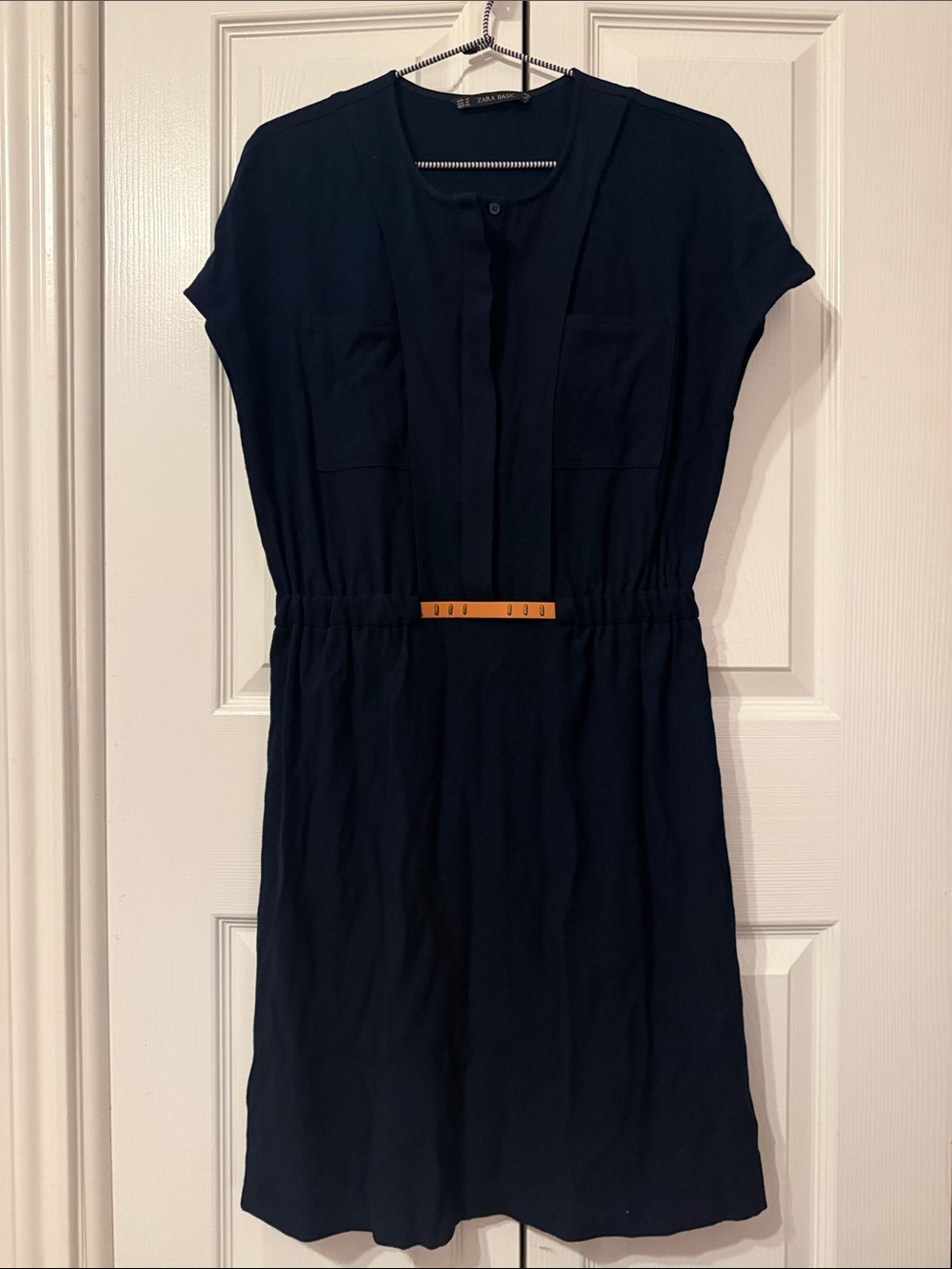 Stylish Navy Linen-feel Short Sleeve Dress